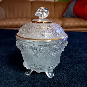 Vintage Pressed Glass Candy Dish Grape Design Gold Trim